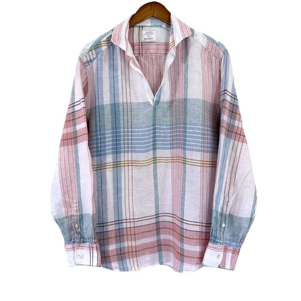 Baird McNutt Murano XL Irish Linen Plaid Pullover V-Neck Relaxed Fit Tunic Top